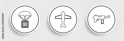 Set line Submachine gun M3, Airdrop box and Jet fighter icon. Vector