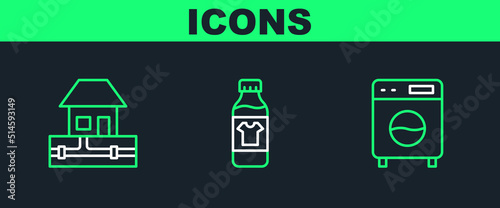 Set line Washer, Water supply pipes and Bottle for cleaning agent icon. Vector