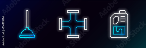 Set line Drain cleaner bottle, Rubber plunger and Industry metallic pipe icon. Glowing neon. Vector