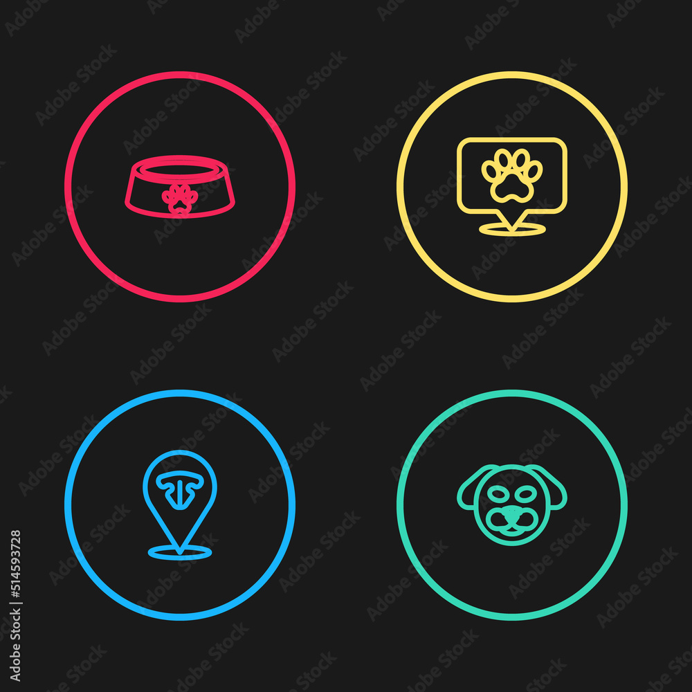 Set line Cat nose, Dog, Location veterinary hospital and Pet food bowl icon. Vector Set line Cat nose, Dog, Location veterinary hospital and Pet food bowl icon. Vector