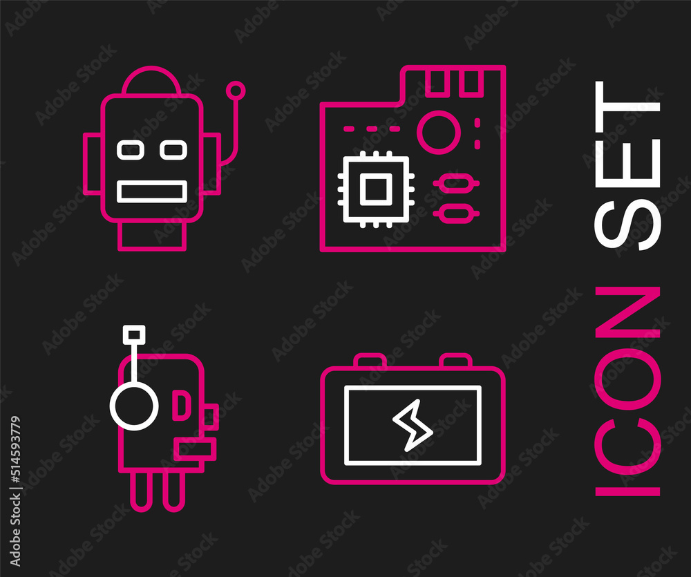 Set line Battery, Robot, Motherboard digital chip and icon. Vector Set line Battery, Robot, Motherboard digital chip and icon. Vector
