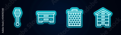 Set line Honey dipper stick, Hive for bees, Honeycomb and . Glowing neon icon. Vector