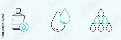 Set line Water drop, Big bottle with clean water and icon. Vector