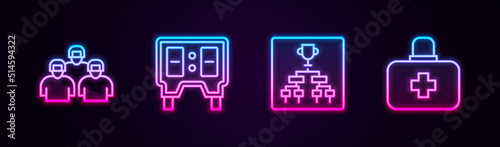 Set line Team of baseball players, Baseball mechanical scoreboard, Championship tournament bracket and First aid kit. Glowing neon icon. Vector