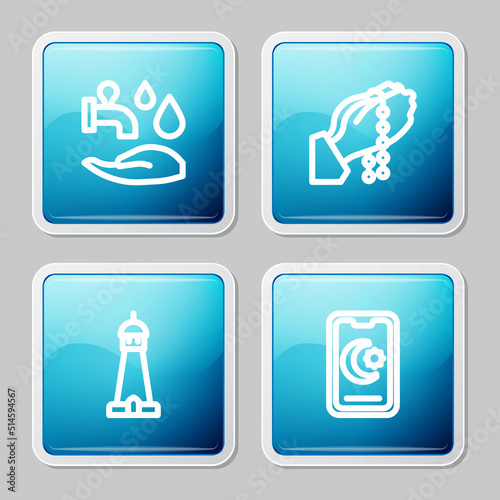 Set line Wudhu, Hands in praying position, Mosque tower or minaret and Star crescent icon. Vector