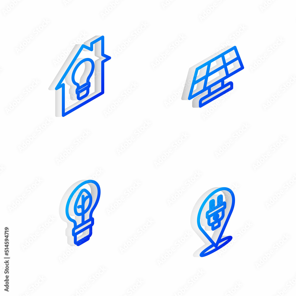 Set Isometric line Solar energy panel, Smart house and light bulb, Light with leaf and Electric plug icon. Vector Set Isometric line Solar energy panel, Smart house and light bulb, Light with leaf and Electric plug icon. Vector