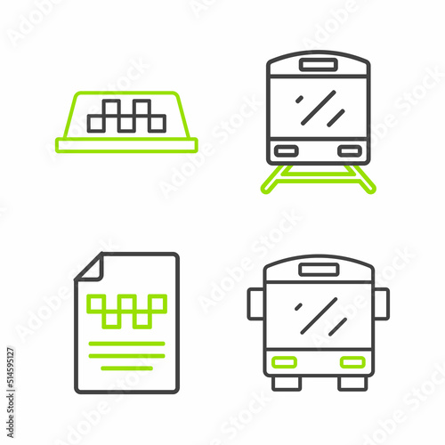 Set line Bus, Taxi driver license, Train and car roof icon. Vector