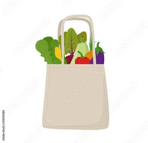 Eco friendly reusable shopping bag with fresh vegetables. Vector illustratio of natural food.