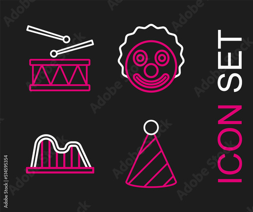 Set line Party hat, Roller coaster, Clown head and Drum with drum sticks icon. Vector