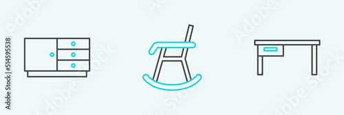Set line Office desk, Chest of drawers and Armchair icon. Vector