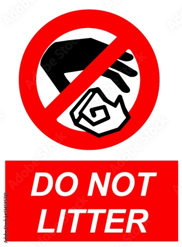 Do not litter, prohibition sign with silhouette of hand throwing trash and text on red background.