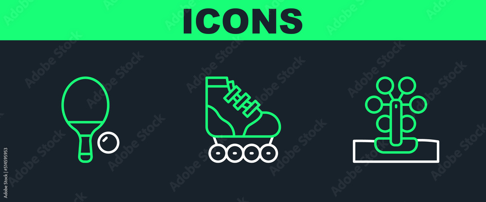 Set line Ferris wheel, Racket and ball and Roller skate icon. Vector Set line Ferris wheel, Racket and ball and Roller skate icon. Vector