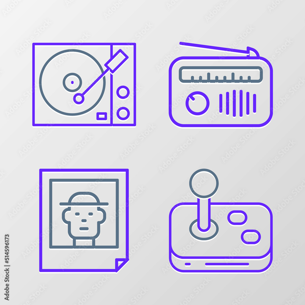 Set line Joystick, Photo, Radio with antenna and Vinyl player icon. Vector Set line Joystick, Photo, Radio with antenna and Vinyl player icon. Vector