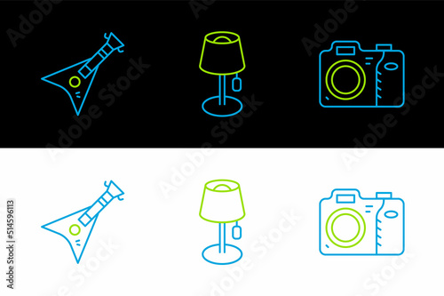 Set line Photo camera, Electric bass guitar and Floor lamp icon. Vector