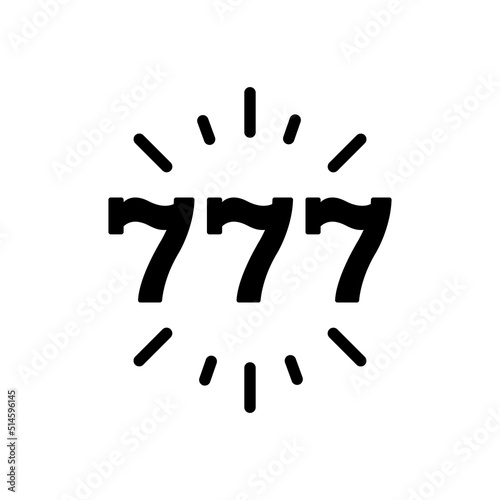 777 Slot Machine Black Silhouette Icon. Casino Lucky Jackpot Glyph Pictogram. Lottery Win Flat Symbol. Play Gambling Jackpot Money. 777 Luck Fruit Machine Las Vegas. Isolated Vector Illustration