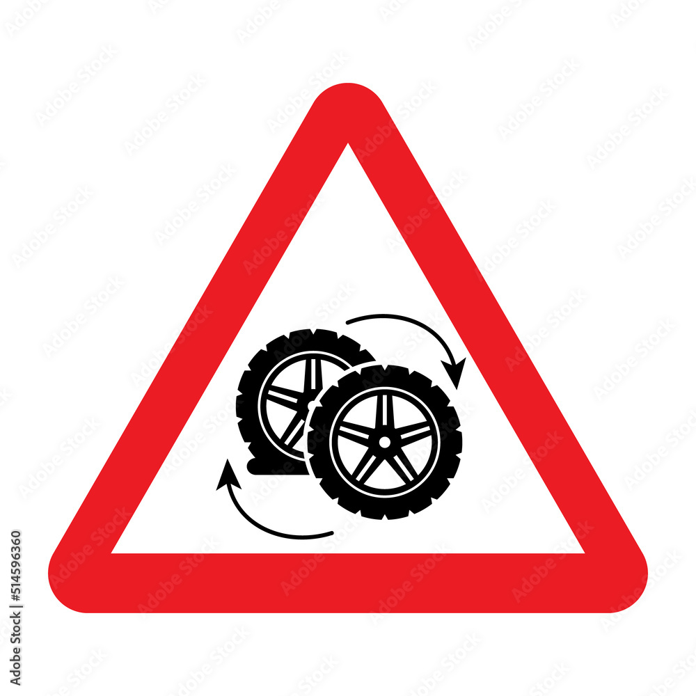 Car wheel changing sign. Vector illustration of red triangle warning symbol with tire change