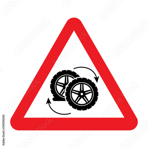 Car wheel changing sign. Vector illustration of red triangle warning symbol with tire change. Replacing flat tire pictogram for web, app, banner, logo. Wheel tyre service sign isolated on background.