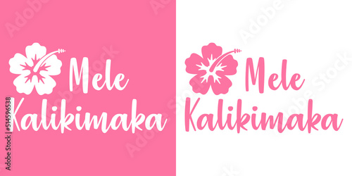 Banner con texto manuscrito Mele Kalikimaka con silueta de flor de hibisco. Logo Feliz Navidad en hawaiano. Vector en fondo rosa y fondo blanco