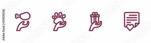 Set line Donation food, Give gift, Animal volunteer and Envelope with heart icon. Vector