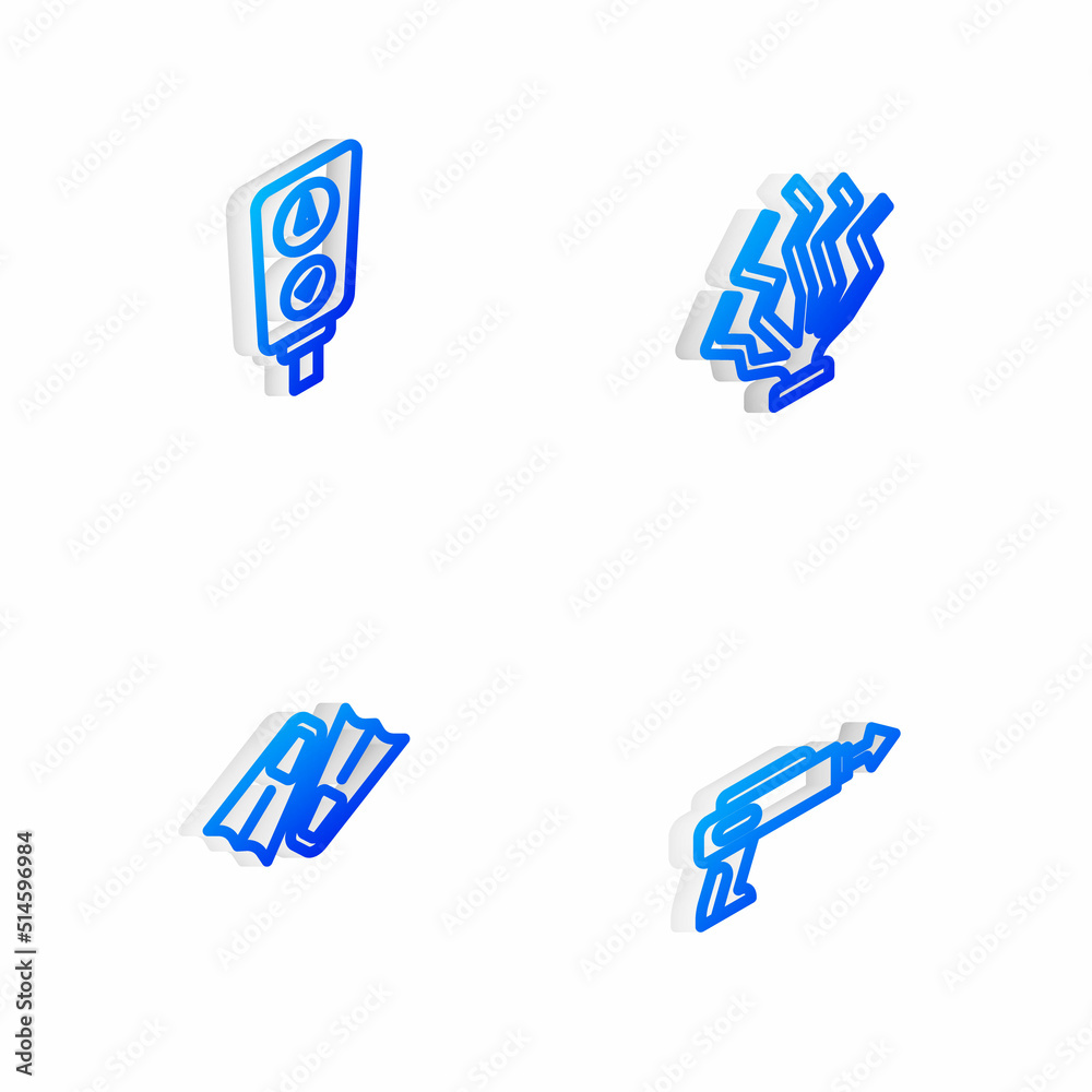 Set Isometric line Coral, Gauge scale, Flippers for swimming and Fishing harpoon icon. Vector