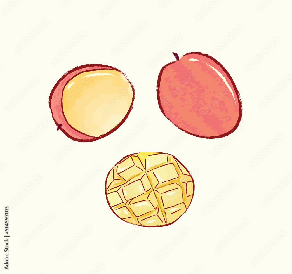 Red whole, sliced and cube mango in vector flat illustration art design Red whole, sliced and cube mango in vector flat illustration art design