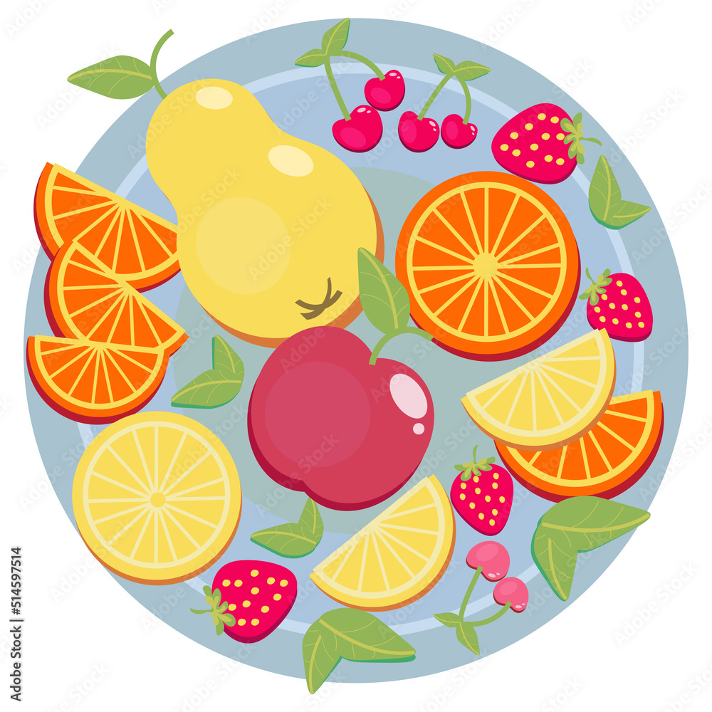 A set of sweet fresh fruits. Cherry, strawberry, orange, lemon, apple, pear, mint leaves. Collection of products for design kids, kitchen, wedding, summer party, logo. Color vector drawing A set of sweet fresh fruits. Cherry, strawberry, orange, lemon, apple, pear, mint leaves. Collection of products for design kids, kitchen, wedding, summer party, logo. Color vector drawing