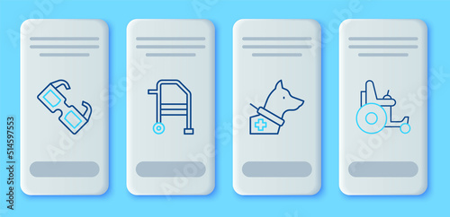 Set line Walker, Guide dog, Eyeglasses and Electric wheelchair icon. Vector
