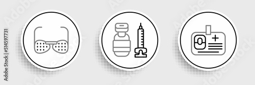 Set line Identification badge, Blind glasses and Syringe icon. Vector