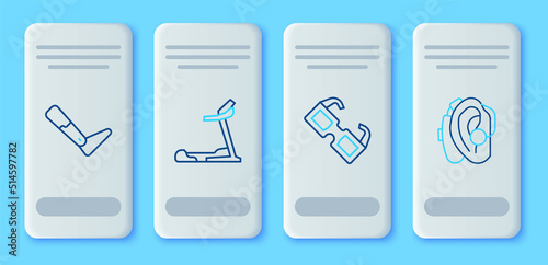 Set line Treadmill machine, Eyeglasses, Prosthesis leg and Hearing aid icon. Vector