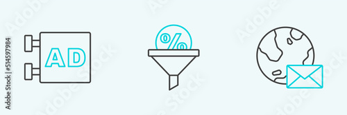 Set line Earth globe with mail, Advertising and Lead management icon. Vector