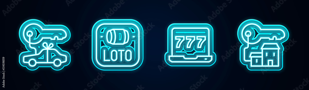 Set line Car gift, Lottery ticket, Laptop and slot machine and Winning house with key. Glowing neon icon. Vector Set line Car gift, Lottery ticket, Laptop and slot machine and Winning house with key. Glowing neon icon. Vector