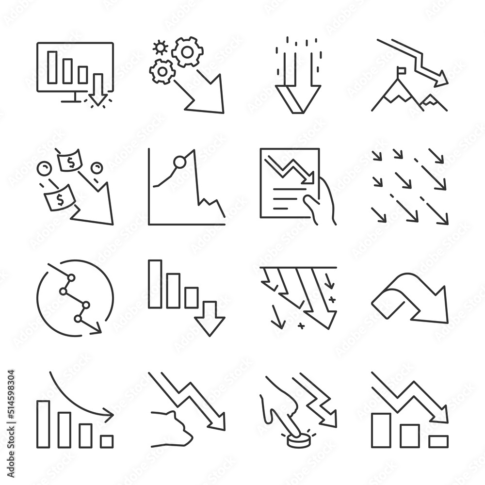 Decline chart icons set. Down arrow chart, decline, decrease, linear icon collection. Line with