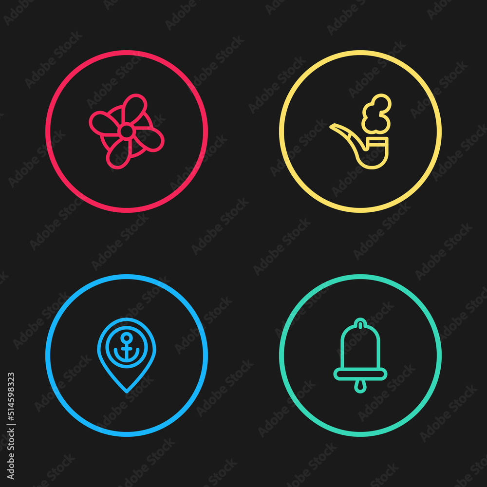 Set line Location with anchor, Ship bell, Smoking pipe and Boat propeller icon. Vector Set line Location with anchor, Ship bell, Smoking pipe and Boat propeller icon. Vector