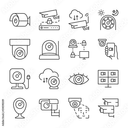 IP camera icons set. Security video surveillance, video recording, remote video recording, data storage, linear icon collection. Line with editable stroke