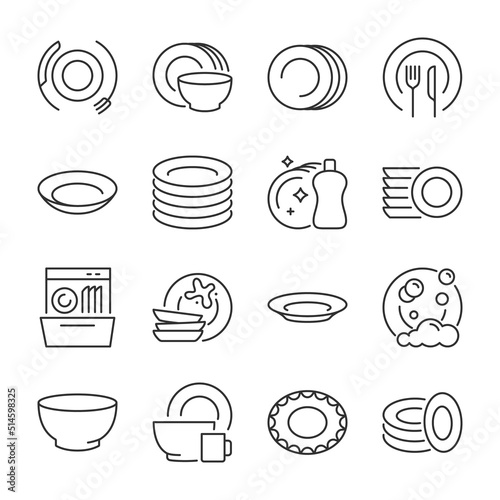 Dishes icons set. Cookware, tableware, linear icon collection. Line with editable stroke