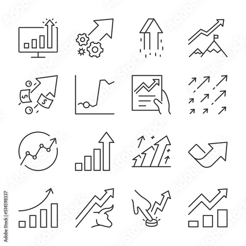 Growth graph icons set. Chart arrow pointing up, stock, income, successful growth, linear icon collection. Line with editable stroke