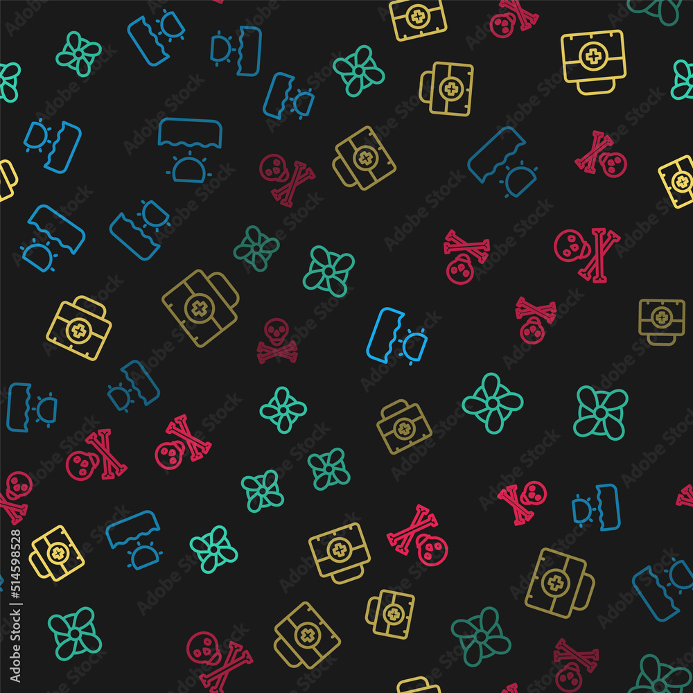 Set line Sun, Boat propeller, First aid kit and Skull on crossbones on seamless pattern. Vector Set line Sun, Boat propeller, First aid kit and Skull on crossbones on seamless pattern. Vector