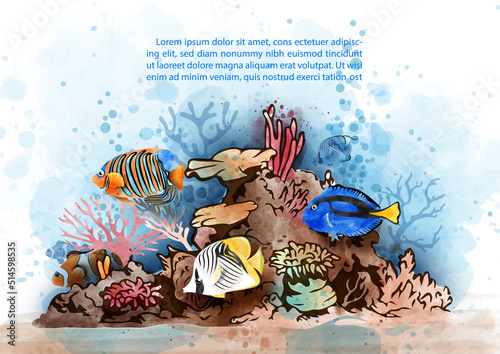 Beautiful marine life with the scene of under ocean coral reef area in watercolor style, example texts on white background. Card and poster of ocean in watercolor style and vector design.