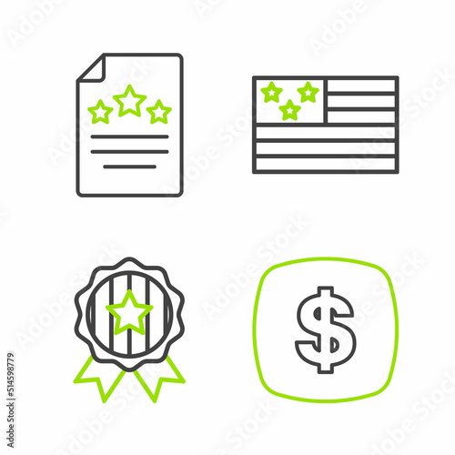 Set line Dollar symbol, Medal with star, American flag and Declaration of independence icon. Vector