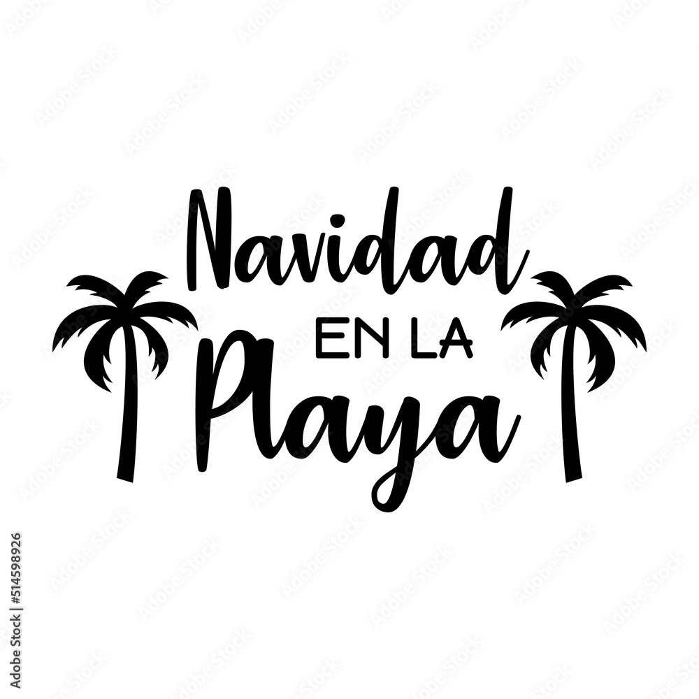 Banner con texto manuscrito Navidad en la Playa en español con silueta de la palma. Logo Feliz Navidad. Vector en color negro