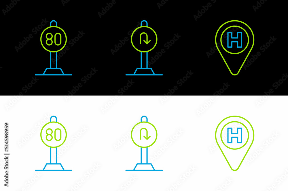 Set line Helicopter landing pad, Speed limit traffic and Turn back road sign icon. Vector Set line Helicopter landing pad, Speed limit traffic and Turn back road sign icon. Vector