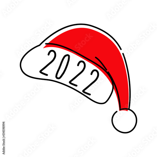 Banner con año 2022 manuscrito. Logo con sombrero de Papá Noel. Vector con líneas en color negro y rojo