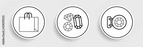 Set line Jewelry store, Shopping bag jewelry and Gem stone icon. Vector