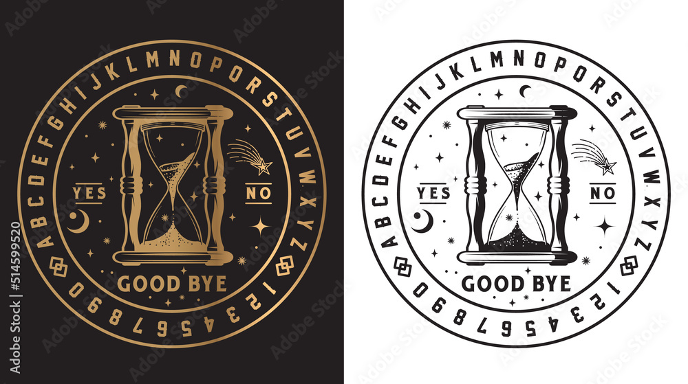 Hourglass Ouija board surrounded by alphabet and star on white and black background