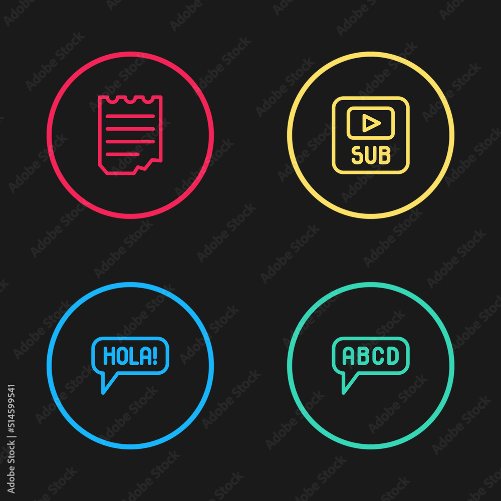 Set line Hola in different languages, Alphabet, Video with subtitles and Notebook icon. Vector Set line Hola in different languages, Alphabet, Video with subtitles and Notebook icon. Vector