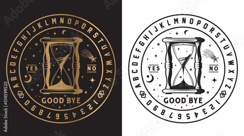 Hourglass Ouija board surrounded by alphabet and star on white and black background