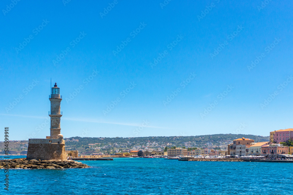 View of the bay and the lighthouse of Chania on the Crete in Greece
