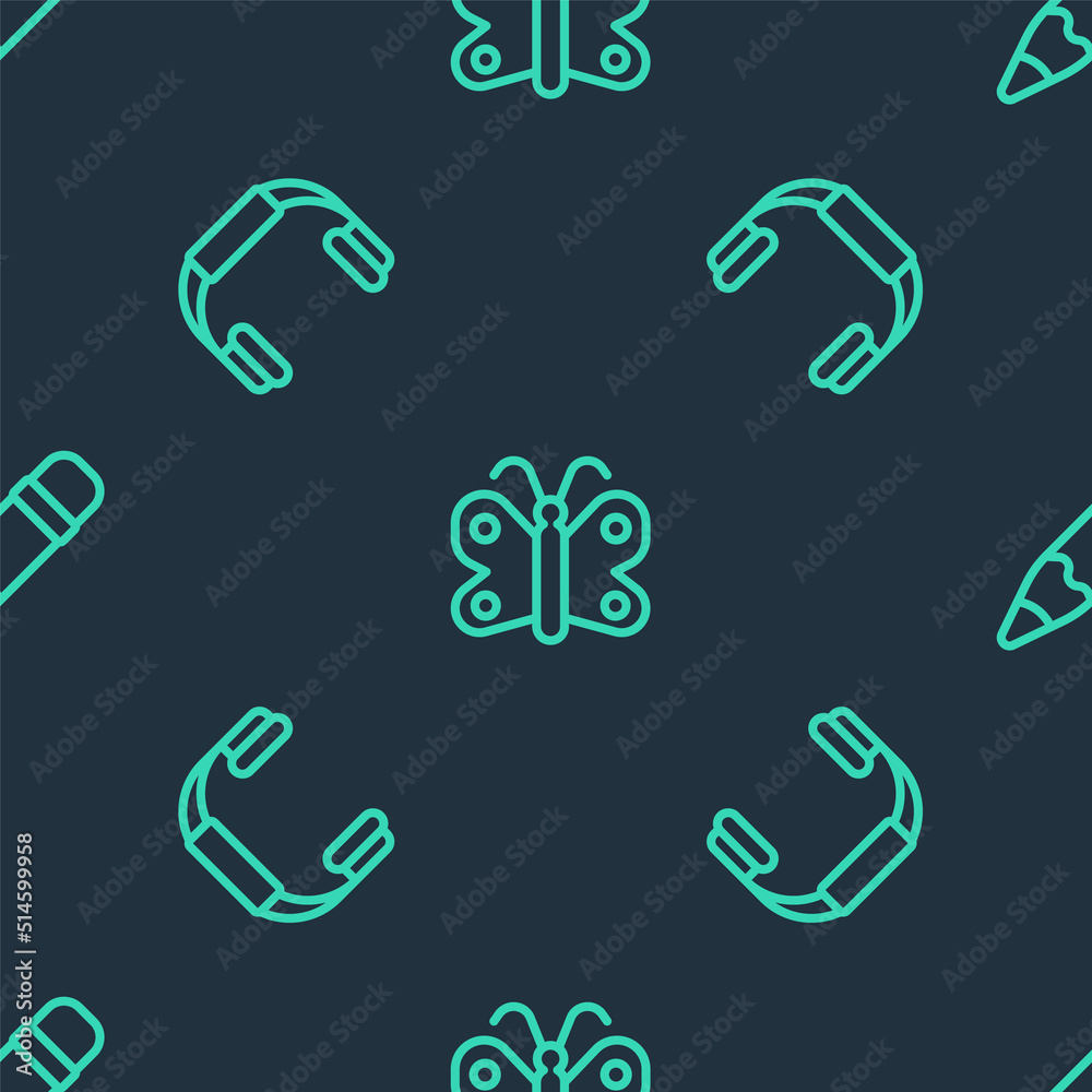 Set line Butterfly, Headphones and Pencil with eraser on seamless pattern. Vector Set line Butterfly, Headphones and Pencil with eraser on seamless pattern. Vector