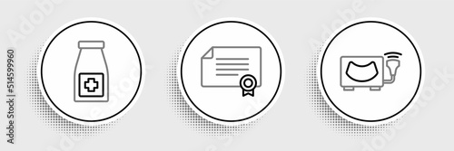 Set line Ultrasound, Medicine bottle and pills and Certificate template icon. Vector