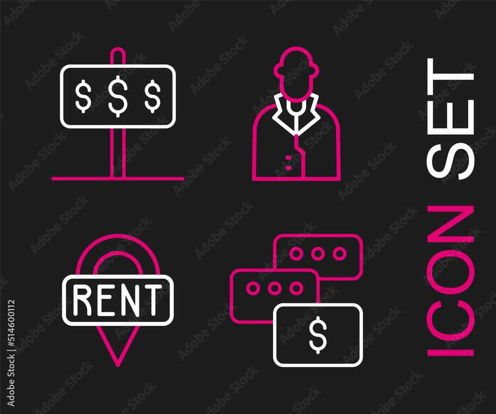 Set line Price negotiation, Location key, Realtor and House with dollar icon. Vector Set line Price negotiation, Location key, Realtor and House with dollar icon. Vector